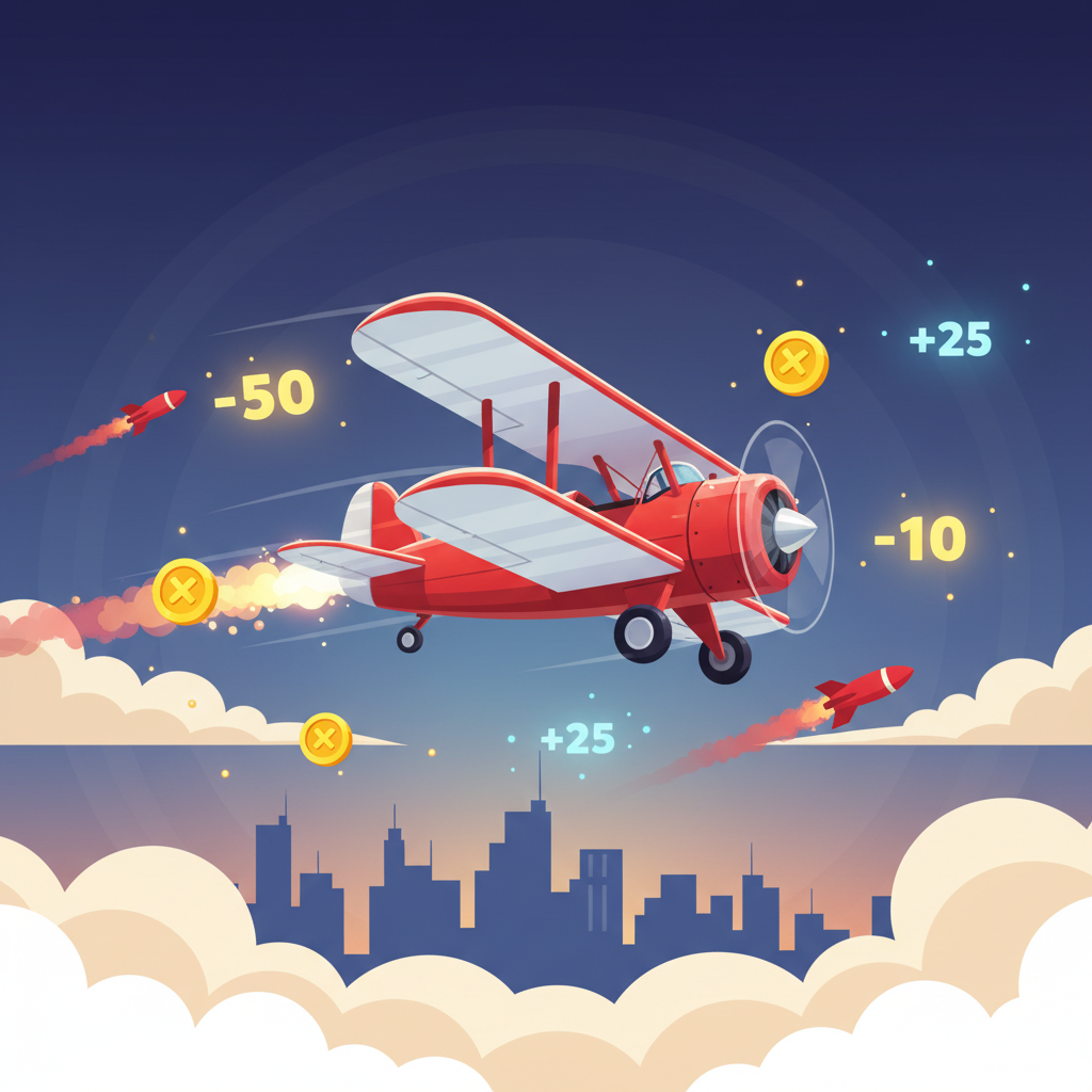 Aviamasters 2 active in-flight gameplay showing red biplane at altitude collecting glowing numbers and multiplier tokens while dodging red rockets with city skyline silhouette in background