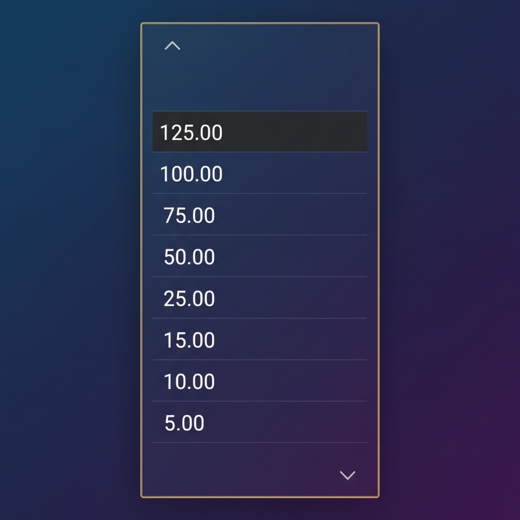 Aviamasters 2 bet selector dropdown lower range: vertical black rectangle with white text values 125.00 selected with dark grey background highlight, 100.00 75.00 50.00 25.00 15.00 10.00 5.00 on black, white scroll arrows top and bottom