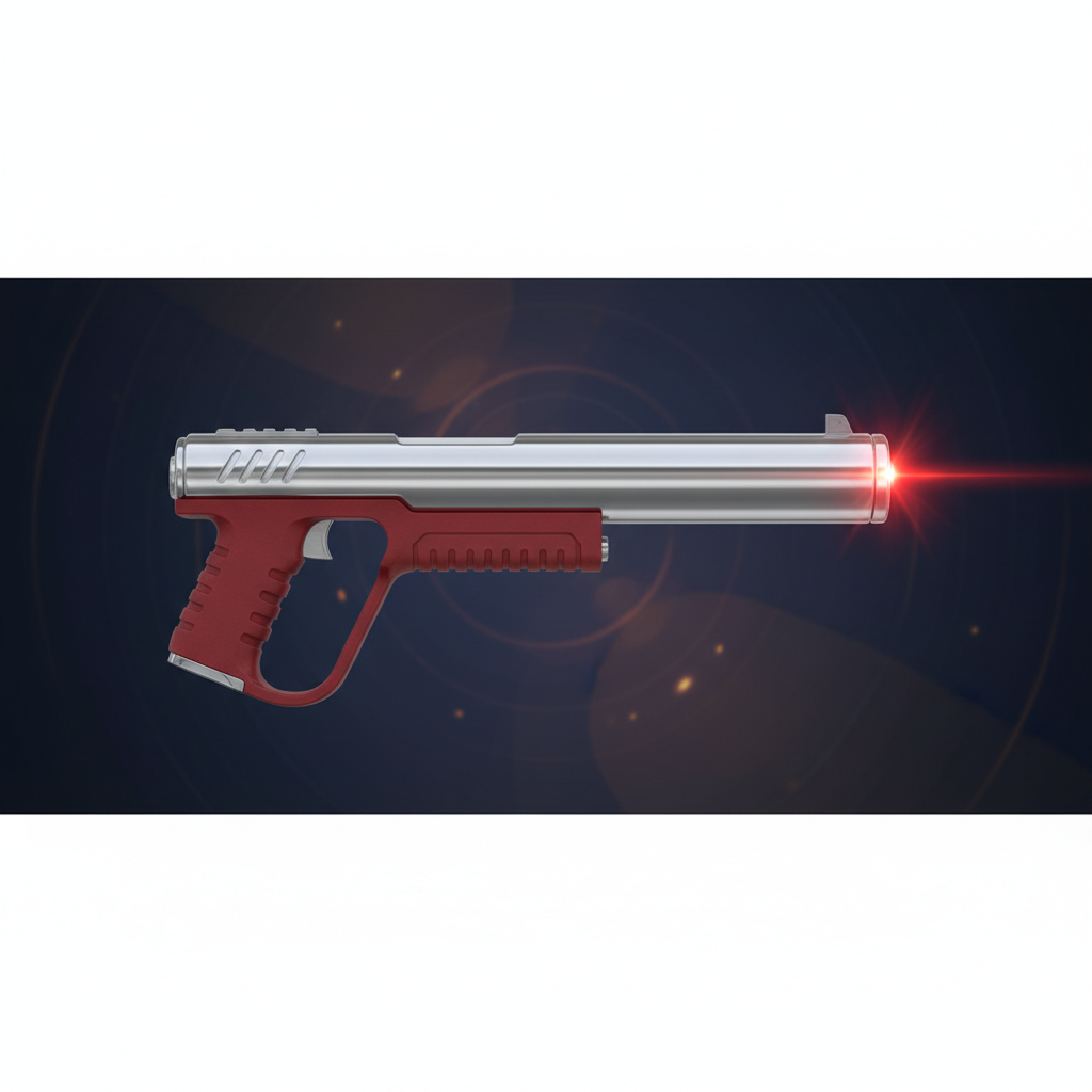 Aviamasters 2 Laser Gun booster: compact futuristic ray gun side view with silvery chrome barrel pointing right, red grip below, bright red dot with orange halo glowing at the muzzle end
