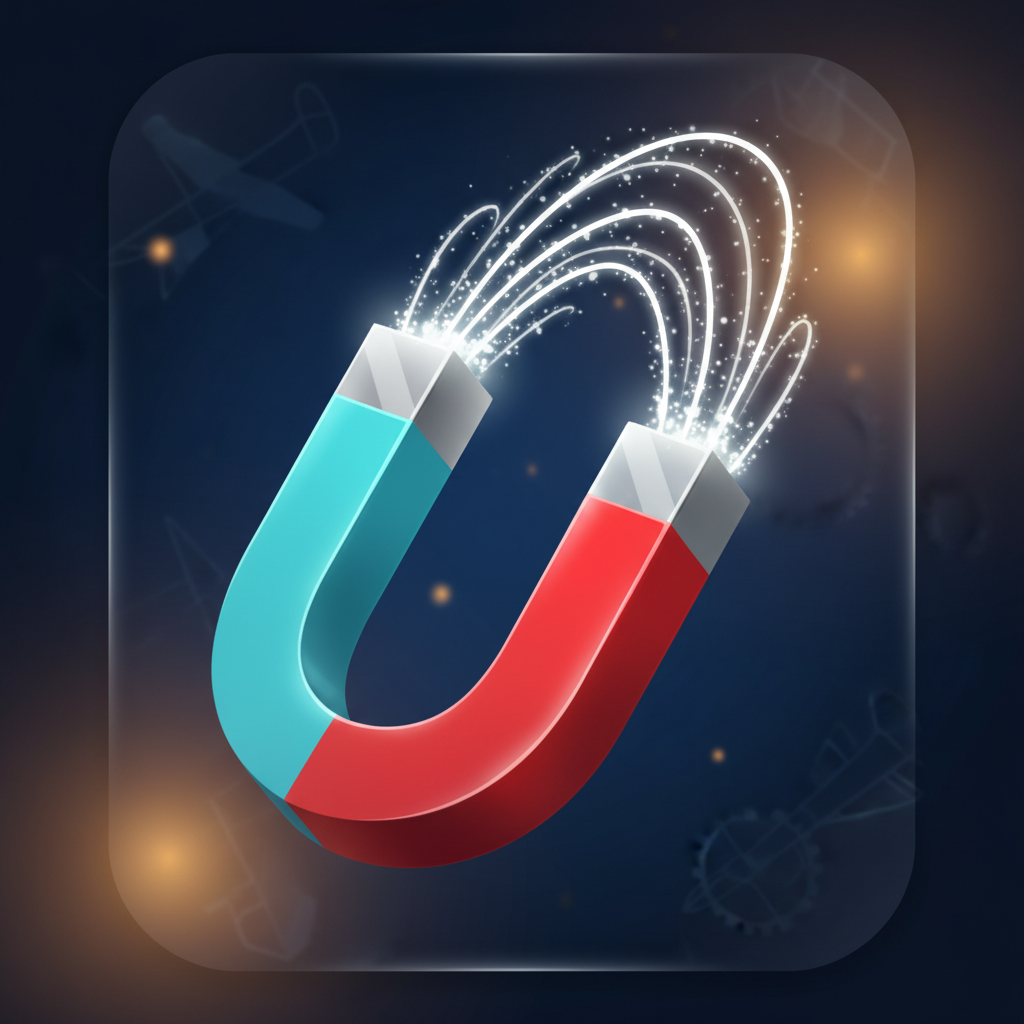 Aviamasters 2 Magnet booster: classic horseshoe U-shape with light turquoise blue left arm, bright red right arm, silvery grey metallic bridge, white sparkling magnetic lines emanating from both tips