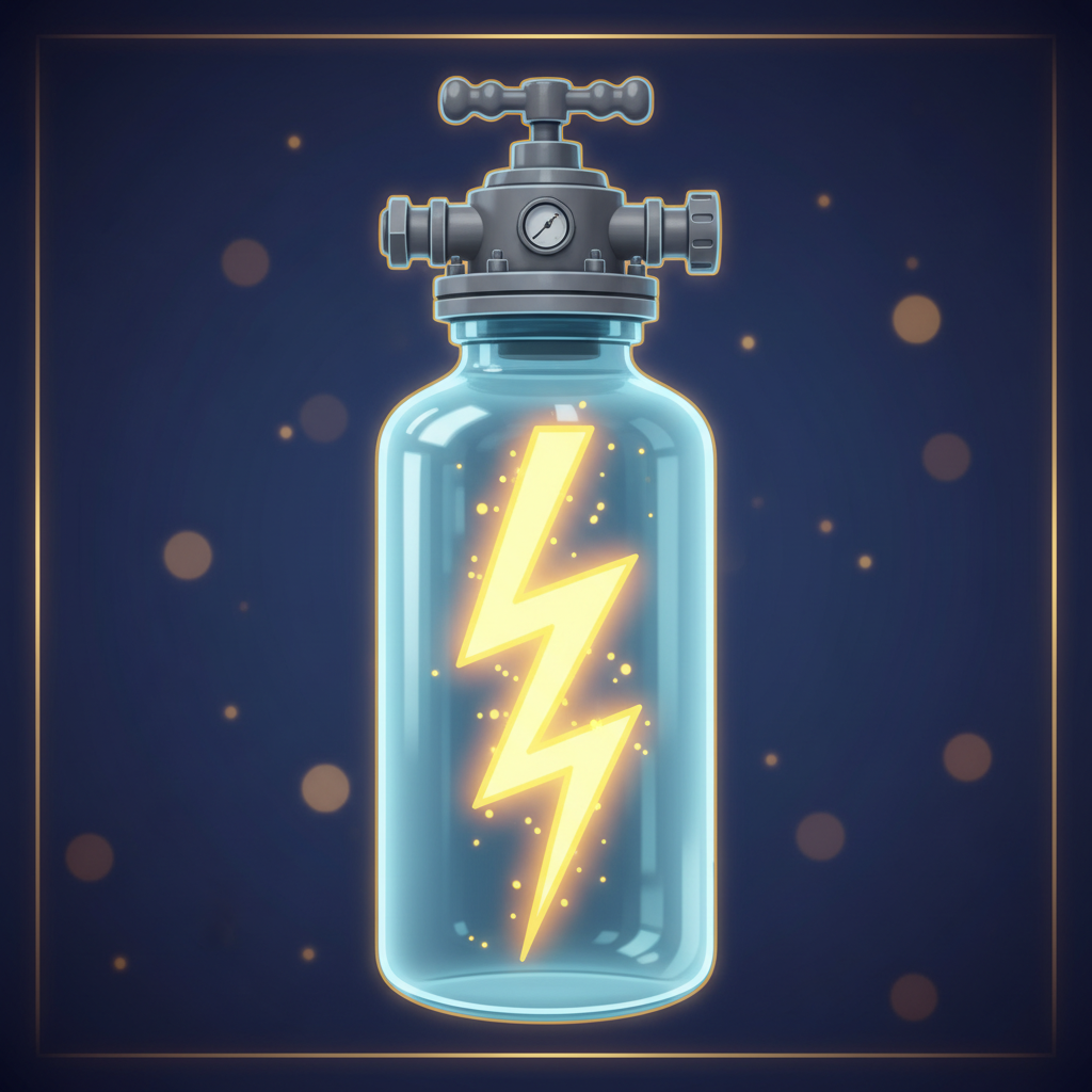 Aviamasters 2 Nitro booster: vertical transparent light blue glass canister with bright vivid yellow zigzag lightning bolt visible inside, grey metallic valve with turn handle on top