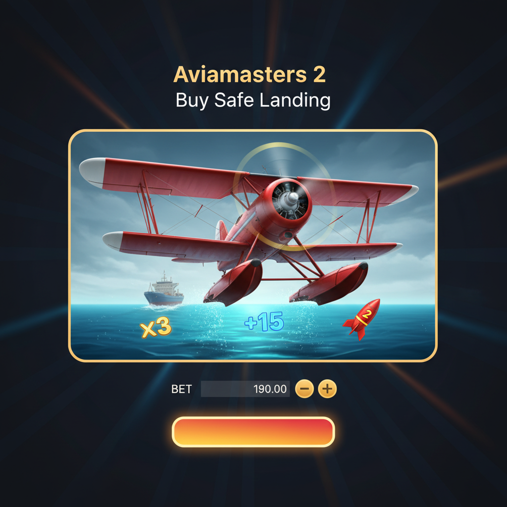 Aviamasters 2 Buy Safe Landing popup showing dramatic front-angle red biplane with spinning propeller and water ski pontoons, orange gradient Activate button, bet selector with plus minus controls