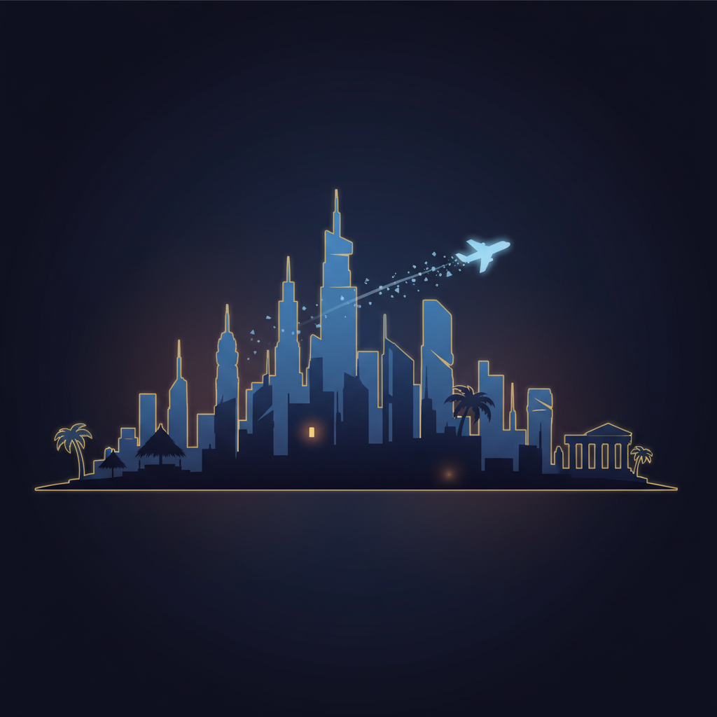 Aviamasters 2 city skyline silhouette during flight: outlines of skyscrapers spires and buildings of varying heights in two layers of medium blue against dark twilight sky background