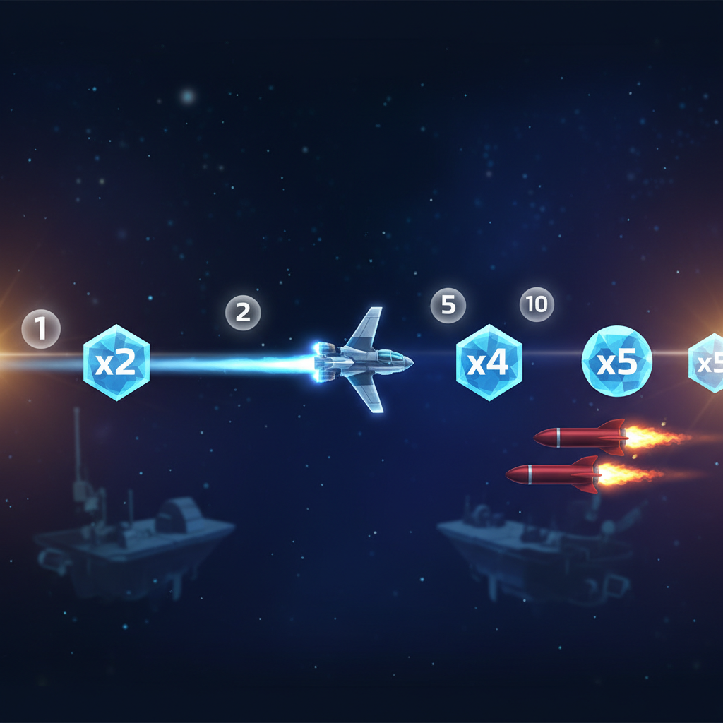 Aviamasters 2 flight path close-up showing white glowing additive numbers 1 2 5 10 without x prefix, icy blue multiplier tokens x2 x4 x5, and red rockets with flame trails flying horizontally