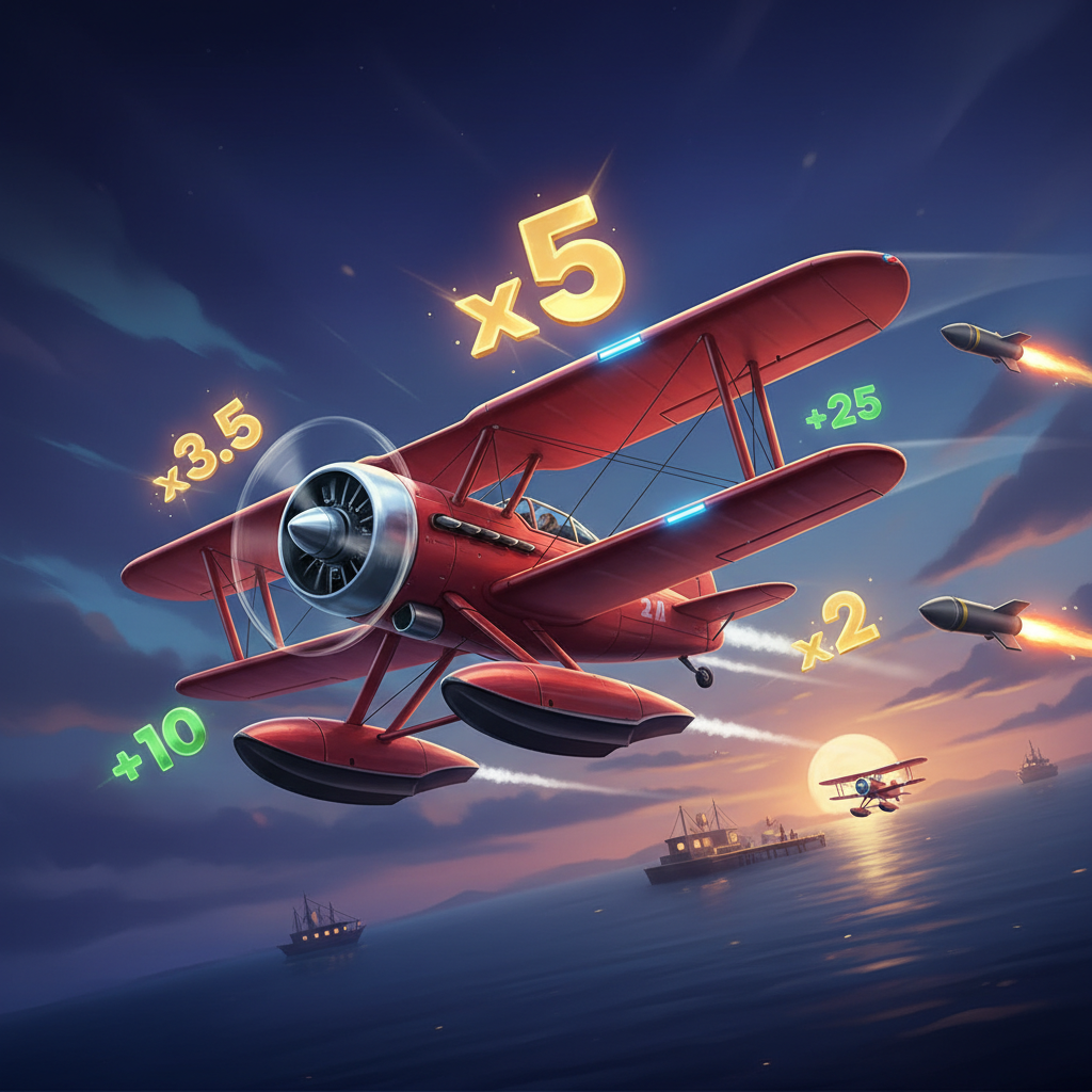 Aviamasters 2 by BGaming main promo art with red biplane flying through twilight sky collecting multipliers and dodging rockets