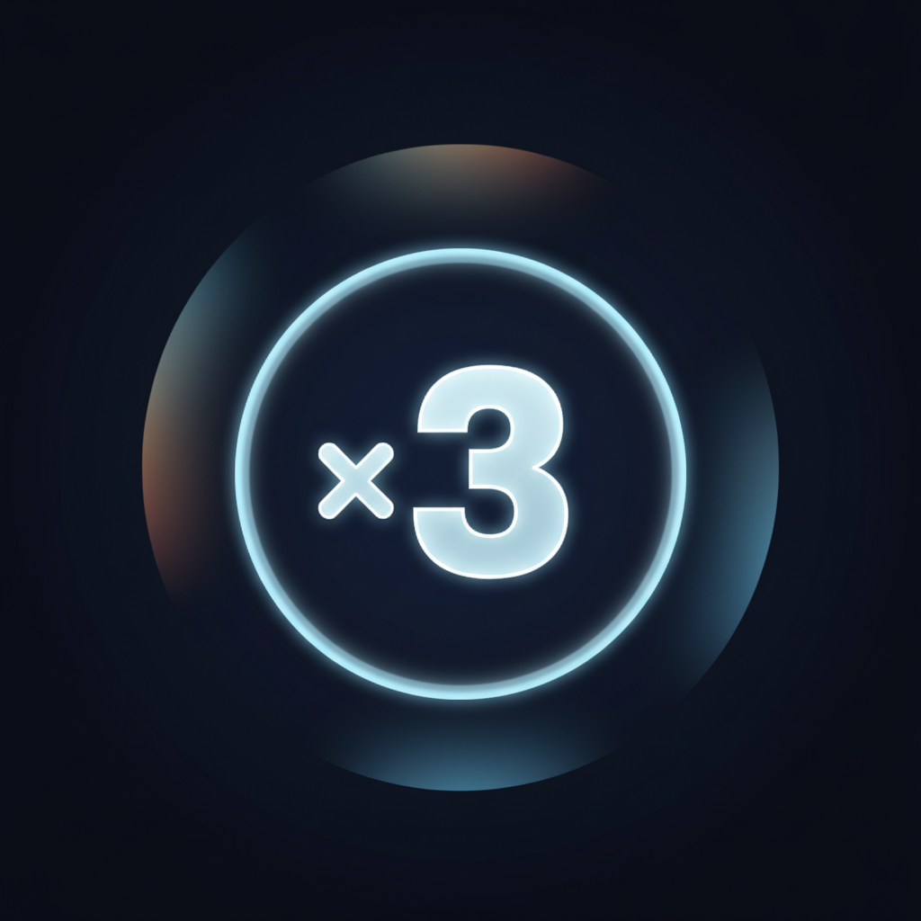 Aviamasters 2 multiplier token x3: light icy blue text with white inner glow and semi-transparent appearance, small x symbol followed by large numeral 3