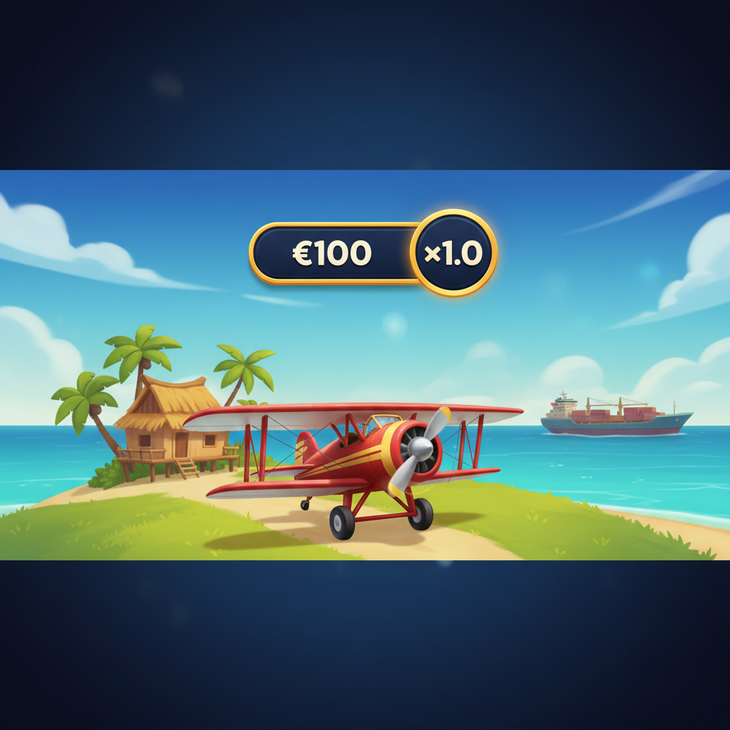 Aviamasters 2 pre-flight state with red biplane standing on island runway, tropical huts with palm trees, bet label above plane, multiplier at x1.0