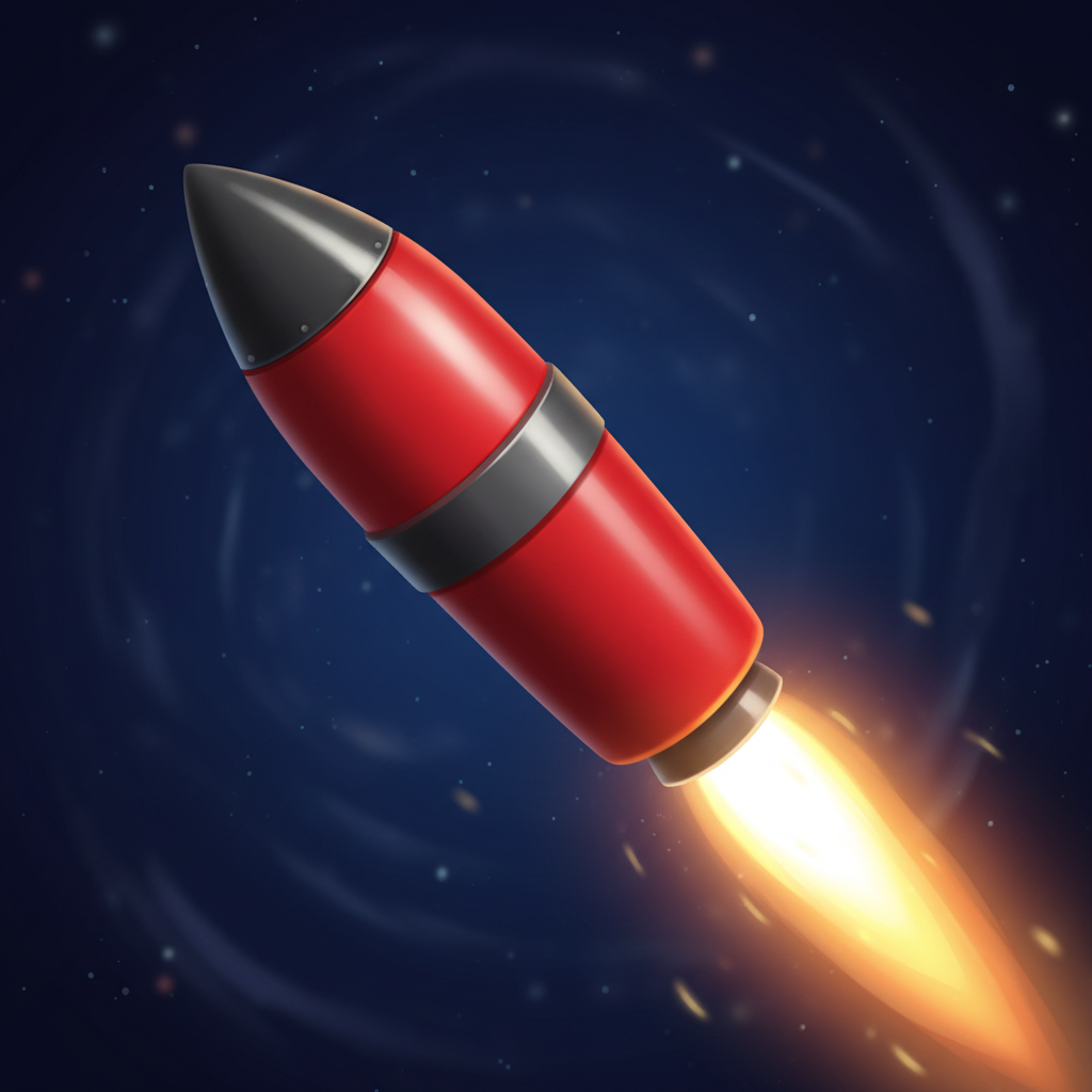 Aviamasters 2 rocket hazard close-up: bright red cylindrical missile with steel-grey band, pointed nose cone, and bright yellow-white cone-shaped flame trail at the rear