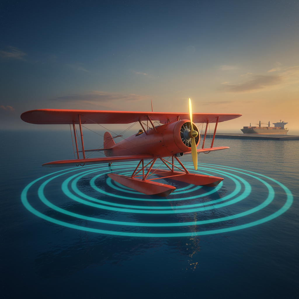 Aviamasters 2 safe landing result: red biplane resting on dark ocean surface with red-orange pontoon water skis deployed under wings, nose angled 15 degrees upward, golden yellow propeller, turquoise-blue wave lines radiating outward from the plane