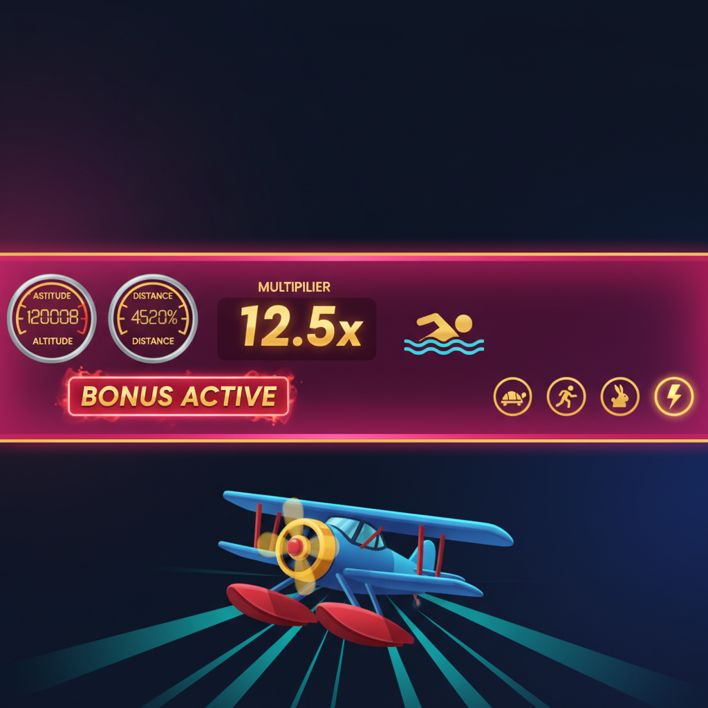 Aviamasters 2 status bar during flight showing Altitude Distance and Multiplier readings with BONUS ACTIVE text on bright magenta-pink fuchsia background, yellow swimming figure icon, four speed setting icons