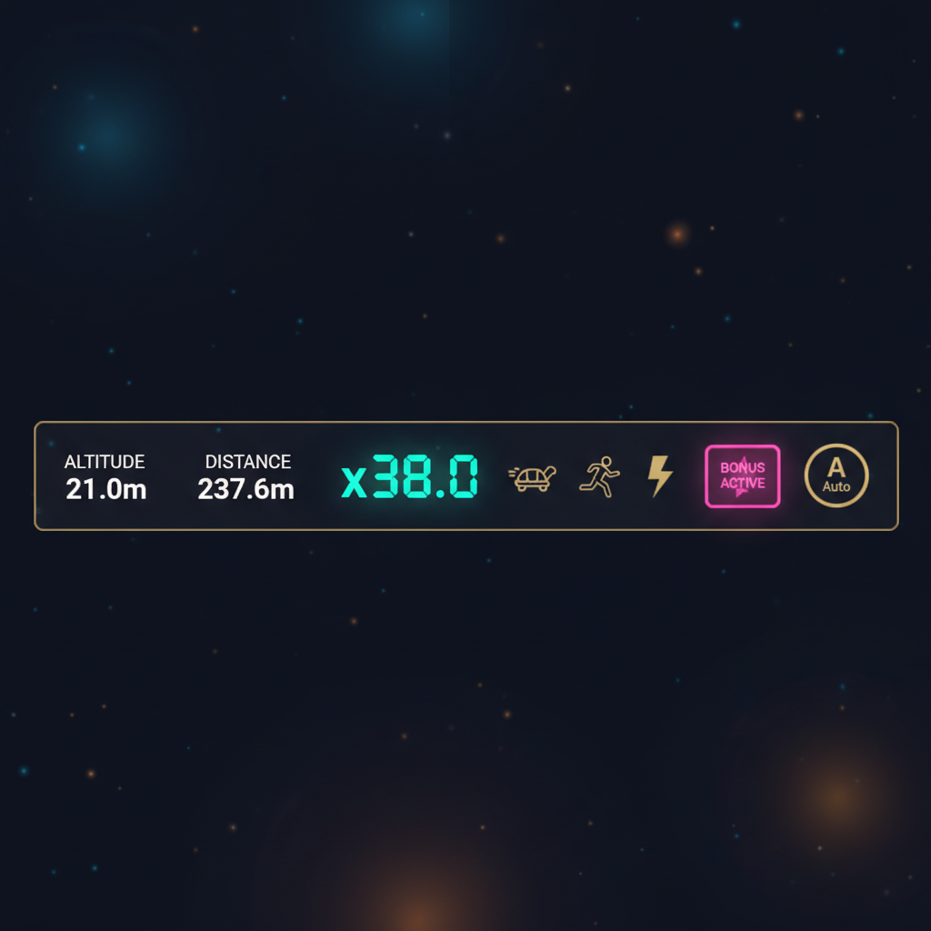 Aviamasters 2 full status bar: ALTITUDE 21.0m and DISTANCE 237.6m in white, MULTIPLIER x38.0 in bright turquoise-green neon, four speed icons tortoise walking-person hare lightning-bolt, BONUS ACTIVE on magenta-pink, Auto A button