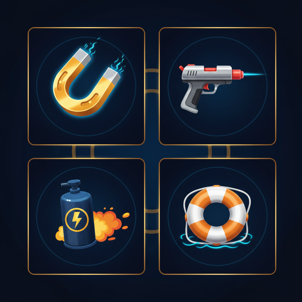 Aviamasters 2 Tutorial Slide 2 showing all four boosters in 2x2 grid: Magnet horseshoe top-left, Laser Gun pistol top-right, Nitro canister with lightning bolt bottom-left, Lifebuoy ring bottom-right, with text Pick Up Boosters and Get Power-Ups