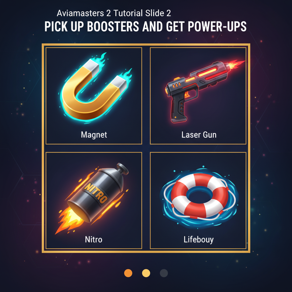 Aviamasters 2 Tutorial Slide 2: four boosters in 2x2 grid showing Magnet horseshoe Laser Gun pistol Nitro canister and Lifebuoy ring, white text PICK UP BOOSTERS AND GET POWER-UPS, second page dot active in orange-yellow