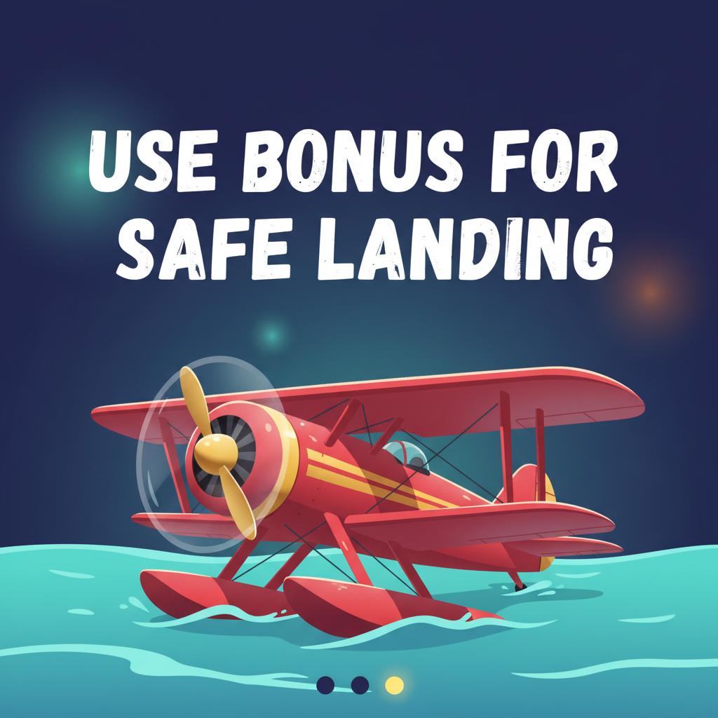 Aviamasters 2 Tutorial Slide 3: red biplane resting on ocean surface with pontoon water skis deployed, nose angled upward, golden propeller, turquoise wave lines, white text USE BONUS FOR SAFE LANDING, third page dot active